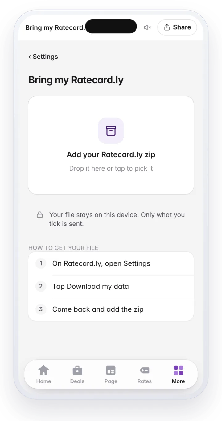 Bring my Ratecard.ly in Settings, with a place to add the zip