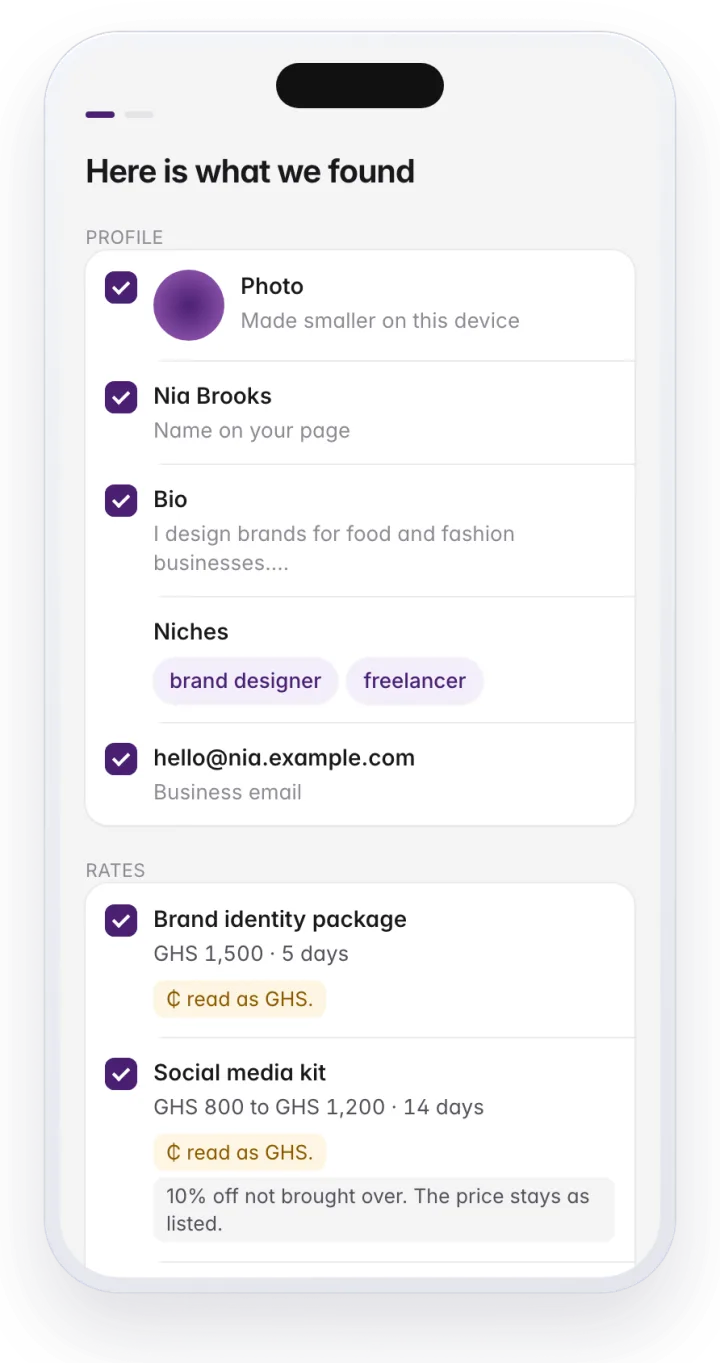 Everything starts ticked. Untick what you do not want. Here is what we found: photo, name, bio, business email and Rates, each with a tick