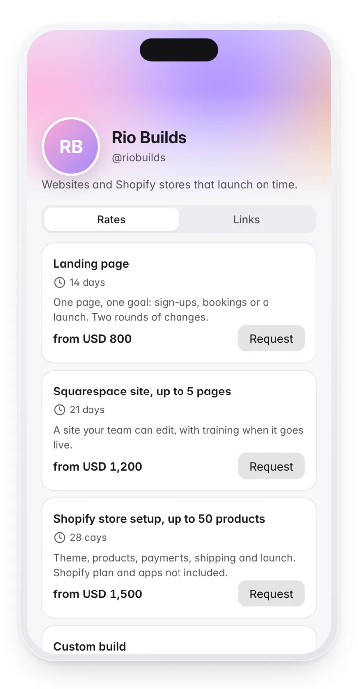 Packages, starting prices and turnaround on one link. A web developer's Piku page on the Rates tab: Landing page from USD 800, Squarespace site from USD 1,200, Shopify store setup from USD 1,500