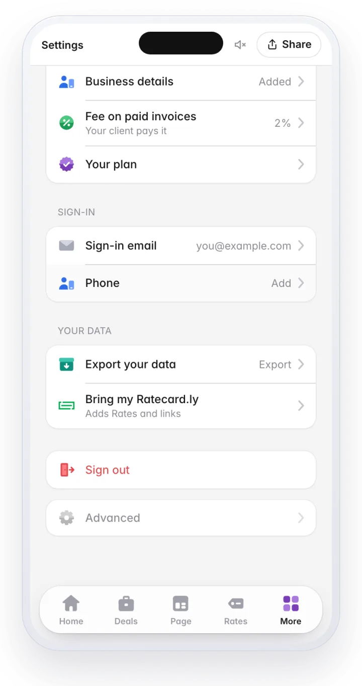 Settings, under Your data. Settings, with Bring my Ratecard.ly under Your data