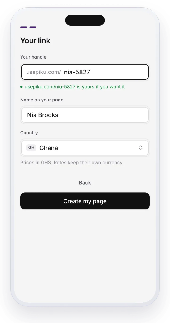 Your link: the handle can be yours, then Create my page