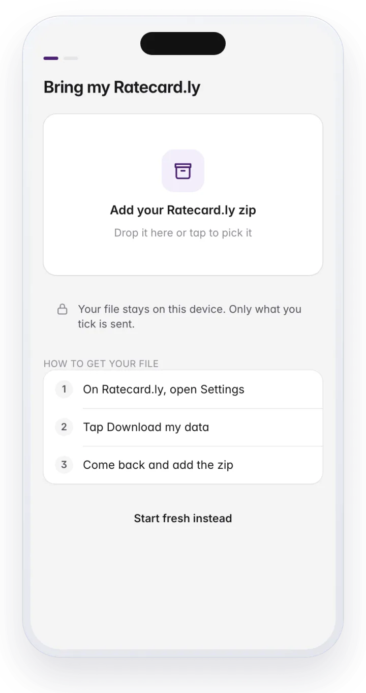 Piku shows the same three steps if you forget them. Piku's Bring my Ratecard.ly screen, with a place to add the zip and how to get the file