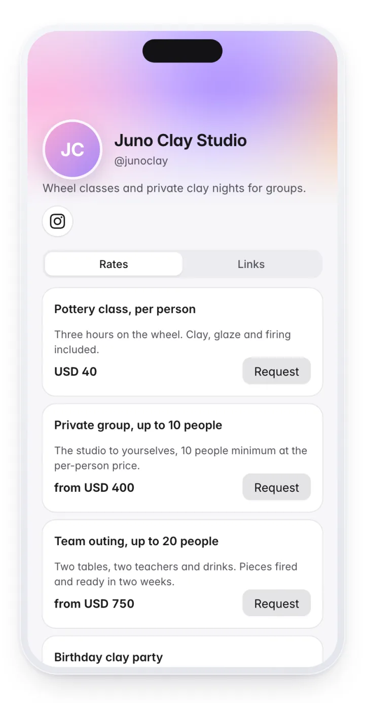 Per-person and private-group prices on one link. A pottery studio's Piku page on the Rates tab: Pottery class, per person USD 40, Private group from USD 400, Team outing from USD 750