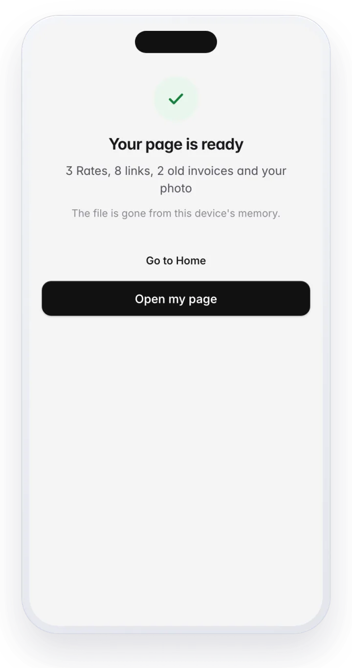 Done. The file is gone from your device's memory. Your page is ready: 3 Rates, 8 links, 2 old invoices and your photo